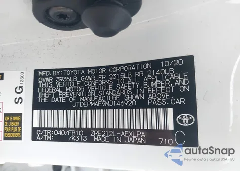 2021 Toyota Corolla Le from USA, damaged, VIN JTDEPMAE9MJ146920